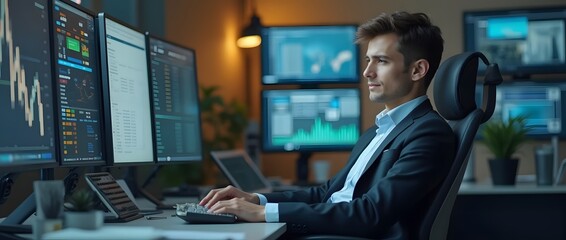 Fototapeta premium Confident Businessman Relaxing in Front of Monitors – Modern Workplace and Tech Environment