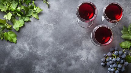 Red Wine Glasses with Grapes and Vine Leaves on Gray Background