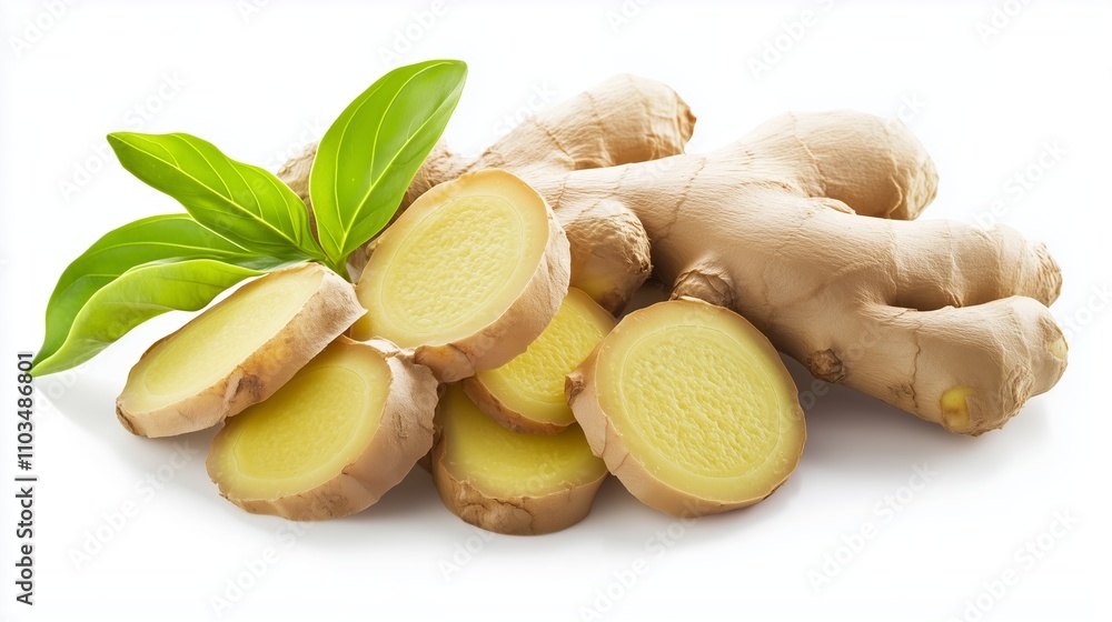 Poster fresh ginger root with slices and green leaves displayed on a white background