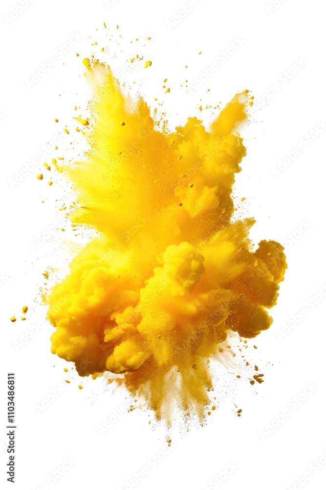 Poster a burst of yellow powder against a gray backdrop, creating a vibrant and dynamic visual effect.