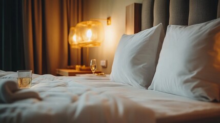 Beautiful hotel bedroom showcasing a large, luxurious bed with fluffy pillows, golden bedside lamps, and a glass of water on a polished wood table. A warm and peaceful vibe