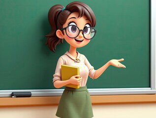 Charming 3D Cartoon Teacher Presenting Lesson Plan on Chalkboard