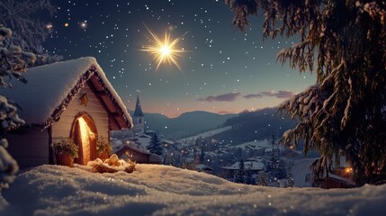 Fototapeta premium A sparkling star shining above a snowy nativity scene.