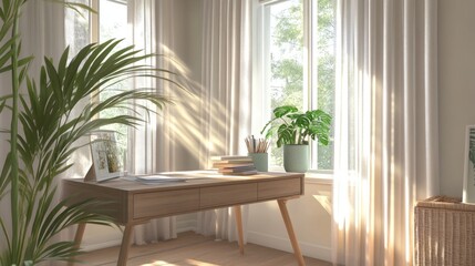 Obraz premium Bright and airy home office with a wooden desk, Monstera Deliciosa in a mint planter, and a full-height window framed by light curtains. Neutral tones and natural textures create calm.