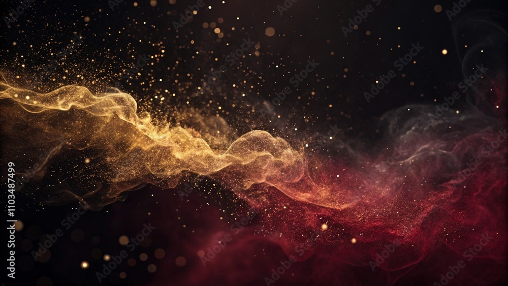 Poster dark abstract background with subtle grain texture and ethereal shapes in gold and crimson. grain te