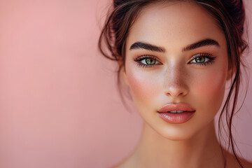 Fototapeta premium Beauty fashion model girl natural makeup with cute smile on pink background.