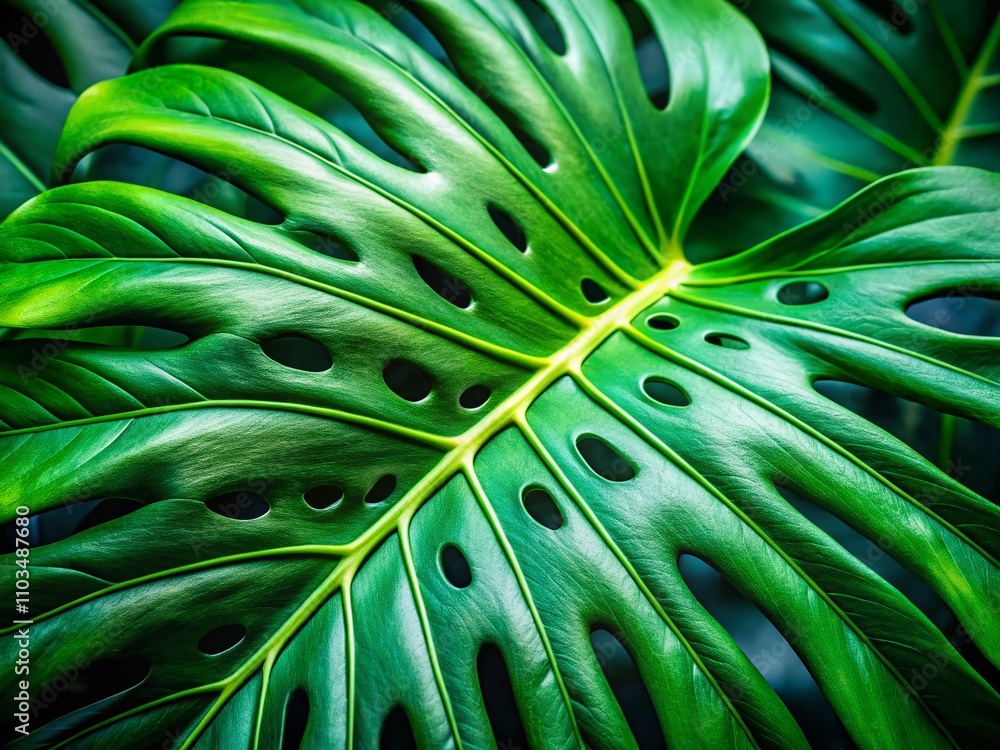 Poster close-up of monstera leaf with shallow depth of field emphasizing intricate green textures in rule o