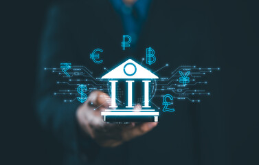 Businessman use smartphone connect banking digital currency global hologram virtual business data, analysis paperwork graph charts, technology worldwide online link network, financial and investment.