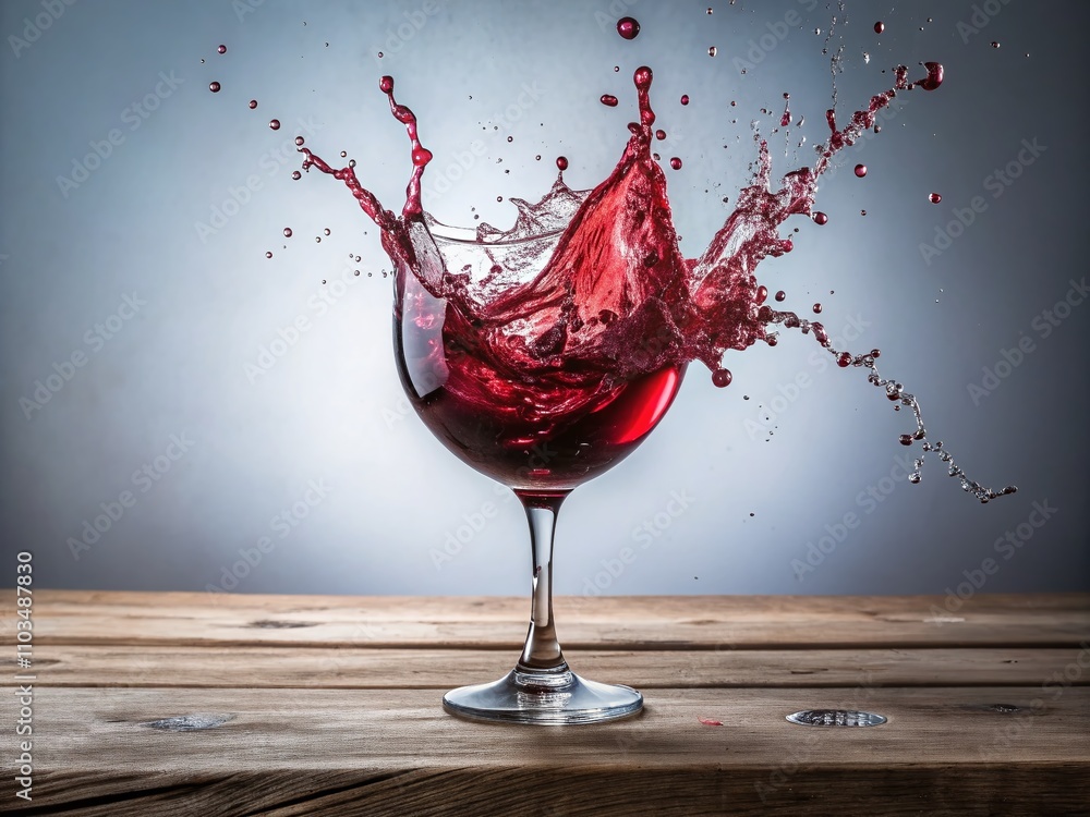 Poster Close-up of Red Wine Splashing in Glass on Table with Elegant White Background Capturing Dynamic Movement and Rich Color for Beverage and Culinary Visuals