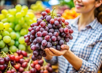 Close-Up of Ripe Grapes on a Store Counter with a Woman’s Hand, Emphasizing Freshness, Vitamins, and Health Benefits in a Vegetarian Lifestyle Setting