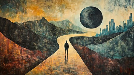 Surreal Landscape with Cityscape and Figure on a Path
