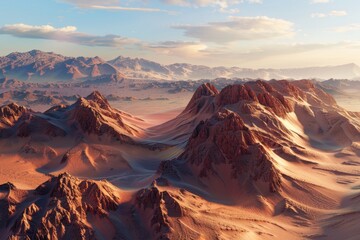 Naklejka premium Spectacular desert sunset with majestic mountains in the background. The warm hues of the sky contrast beautifully with the rugged mountain terrain.
