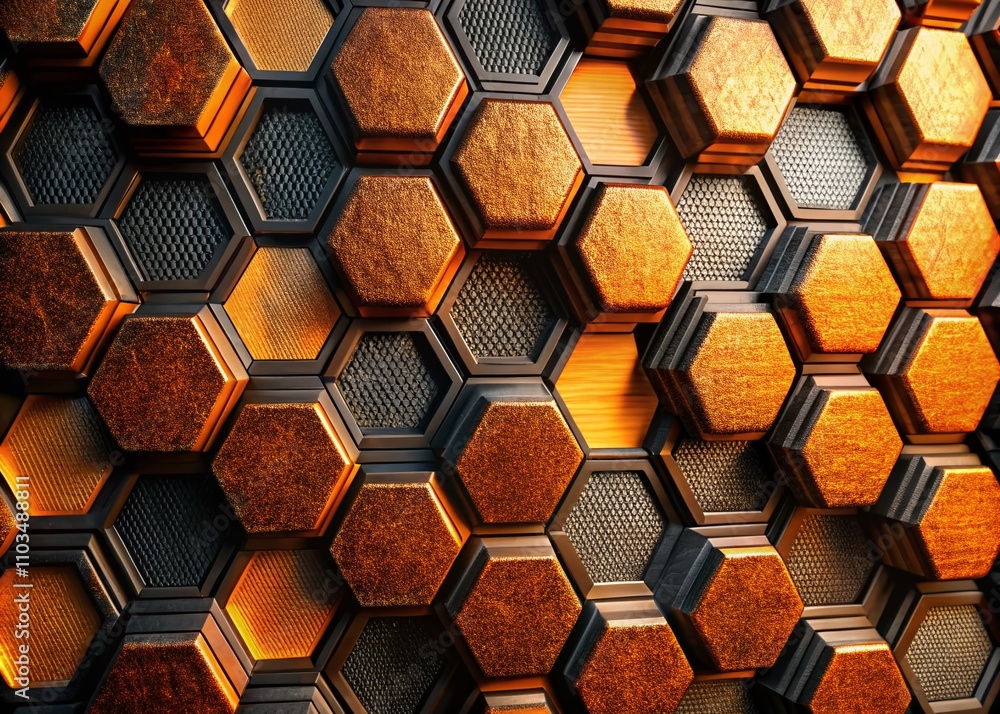 Poster close-up of textured hexagonal surface with overlapping shapes in vibrant orange and black tones, sh