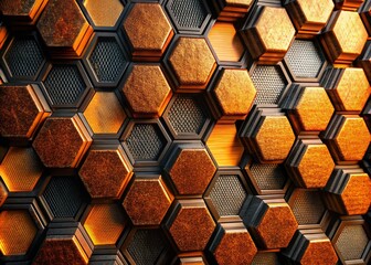 Close-Up of Textured Hexagonal Surface with Overlapping Shapes in Vibrant Orange and Black Tones, Showcasing Architectural Design Elements and Modern Aesthetics