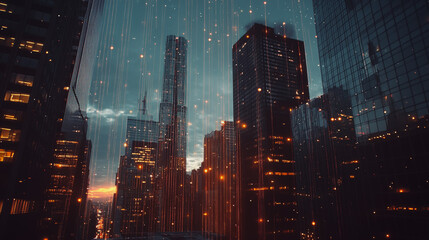 Smart digital city with connection cyber security network reciprocity over the cityscape . future smart wireless digital city and social media networking systems that connects people within the city