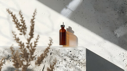 Top view of face serum amber bottle on white background on concrete podium and glass with shadow.
