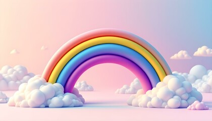  Colorful Rainbow with Clouds 3D Render Cartoon Style, Candy Color New Pop Illustration. 3D rendering white-pink stand with pastel rainbow arch and white clouds on light blue background.