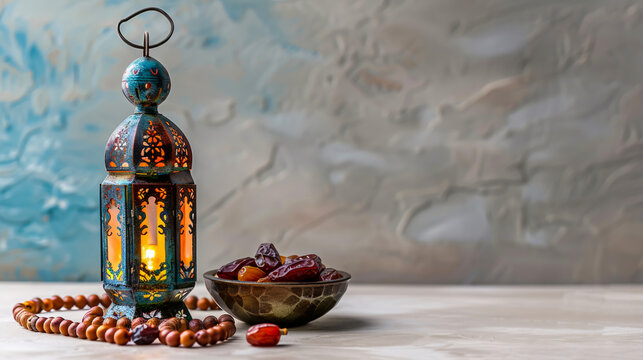 Muslim lamp and tasbih with dates on a light background, with space for text.