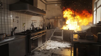 Intense commercial kitchen fire with flames engulfing appliances and counters.