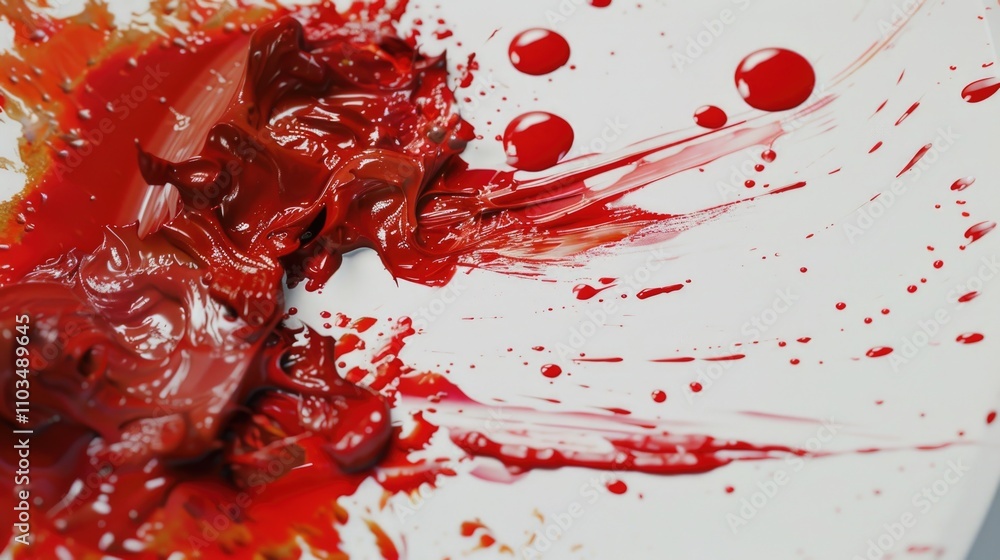Aufkleber red splatter of paint on a white background. the splatter is messy and chaotic, with red paint dripp