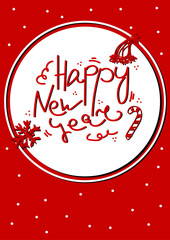 Festive vector lettering Happy New Year. Red hand-drawn text and line art symbols of Christmas, New Year on white snow background. Messy Postcard Tangled Snowflake, Santa Hat, Peppermint Candy image