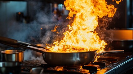Intense commercial kitchen fire with flames engulfing appliances and counters.