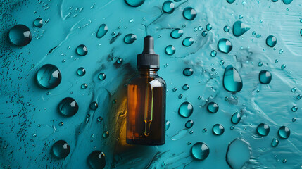 top view of Blank glass face serum bottle with pipette on turquoise background with water drops.