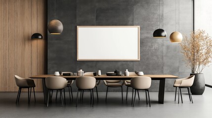 Modern dining room with a long wooden table, beige chairs, pendant lighting, and minimalist decor against a textured wall with an empty frame.
