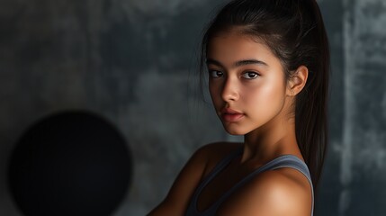 Fototapeta premium Portrait of a Young Latino Woman with Natural Beauty Wearing Sport Attire in a Low-Light Setting