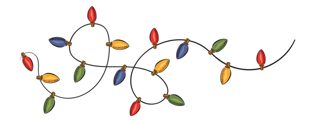 Christmas garland in trendy groovy retro style. String of colorful holiday lights. Happy New year and Merry Christmas pattern. 70s Vibes groovy garland. Vector Illustration. For greeting card design.