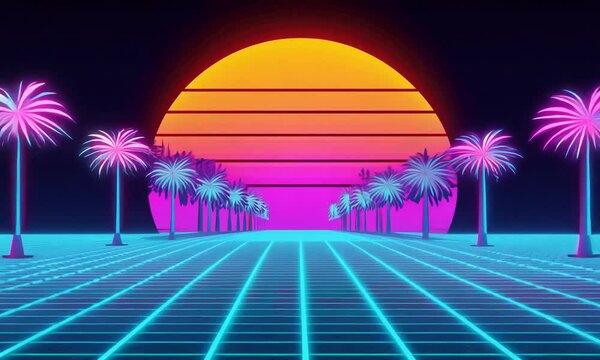 Stylized vintage 3D animated background with palm trees, sun and glowing stars. 80s retro futuristic sci-fi. Generative AI