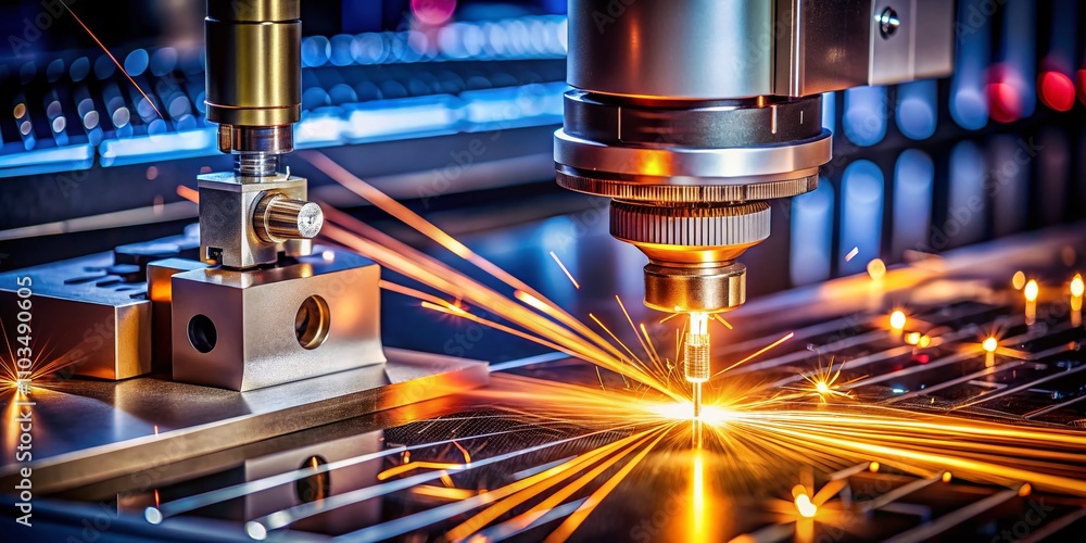 Poster close-up shot of a precision laser engraving machine in action capturing the intricate metalwork man