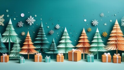 Vibrant paper-cut illustration with Christmas trees, gifts, and snowflakes, ideal for festive banners, New Year cards, or holiday promotions