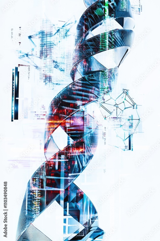 Poster 3d rendering of digital dna helix and double helix, symbolizing the advanced field of genetics and t