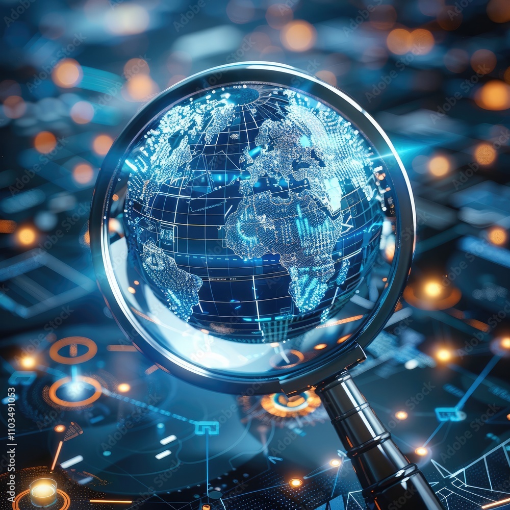 Poster A futuristic globe magnified by a glowing magnifying glass, surrounded by abstract data streams and networks symbolizing global media surveillance and competitive analysis. Modern.