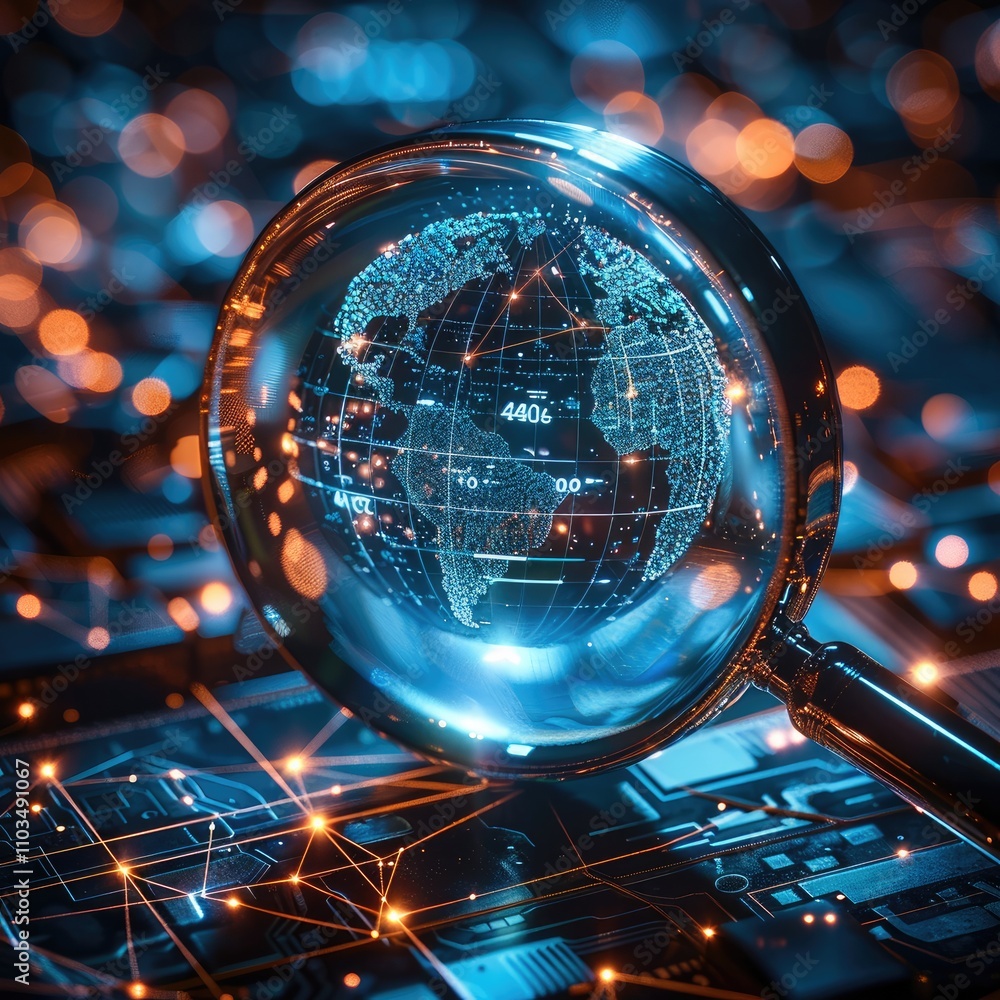 Poster A futuristic globe magnified by a glowing magnifying glass, surrounded by abstract data streams and networks symbolizing global media surveillance and competitive analysis. Modern.