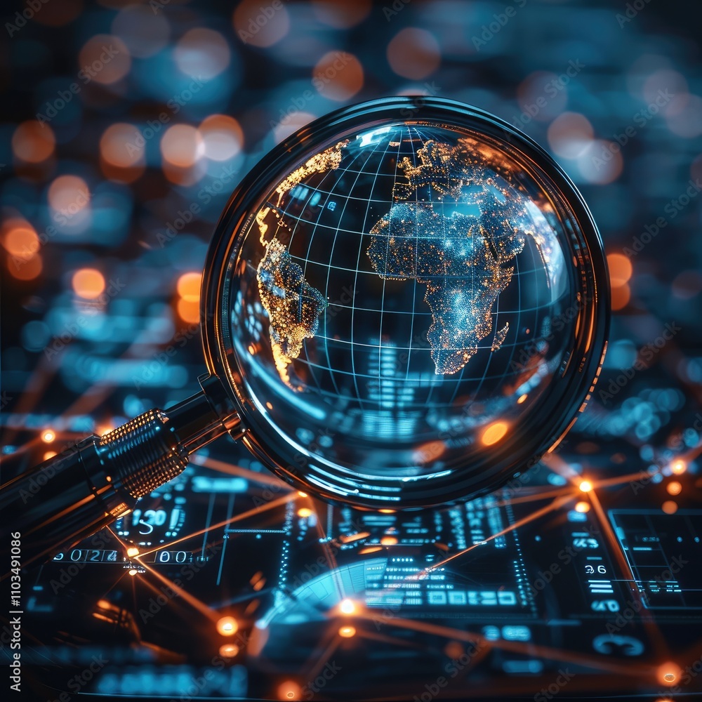 Poster A futuristic globe magnified by a glowing magnifying glass, surrounded by abstract data streams and networks symbolizing global media surveillance and competitive analysis. Modern.