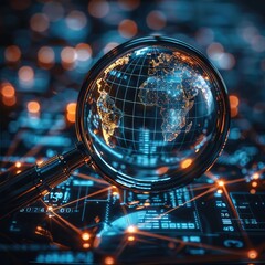 A futuristic globe magnified by a glowing magnifying glass, surrounded by abstract data streams and networks symbolizing global media surveillance and competitive analysis. Modern.