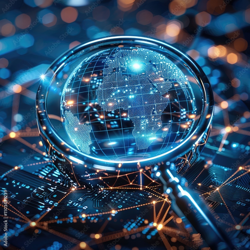 Aufkleber A futuristic globe magnified by a glowing magnifying glass, surrounded by abstract data streams and networks symbolizing global media surveillance and competitive analysis. Modern.