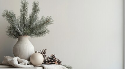 Minimalist side view of a Christmas setup featuring pine branches in a vase, neutral wooden ornaments, and soft textures for a cozy Scandinavian feel.