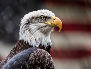 Obraz premium An American bald eagle, a symbol of patriotism and freedom. Proudly stands against an American flag background.