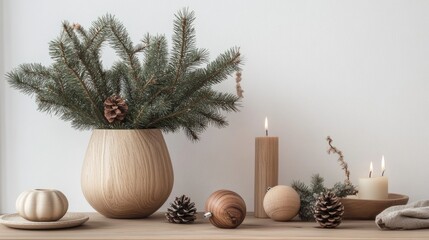 Minimalist side view of a Christmas setup featuring pine branches in a vase, neutral wooden ornaments, and soft textures for a cozy Scandinavian feel.