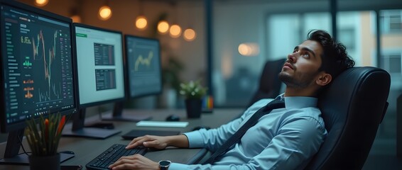 Fototapeta premium Confident Businessman Relaxing in Front of Monitors – Modern Workplace and Tech Environment