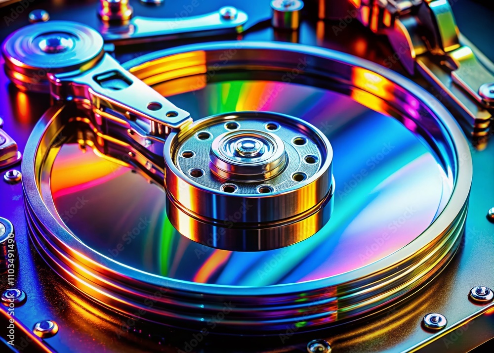 Poster close-up view of a magnetic hard disk drive showcasing internal components, precision engineering, a