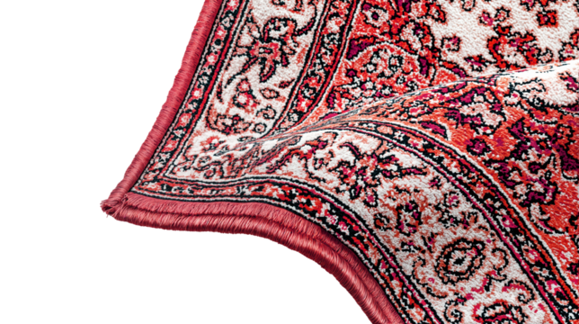 The corner of an oriental red rug isolated on a transparent background