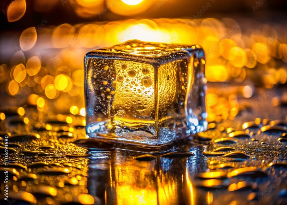 Poster close-up view of a square ice cube in a wet faceted glass illuminated with yellow light, showcasing 