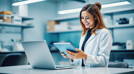 Obraz premium Female scientist working with a tablet in a bright laboratory se