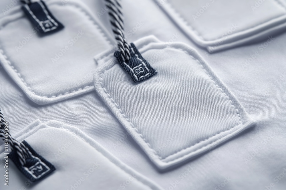 Poster white shirt with a number of tags on it. the tags are sewn on and are of different sizes