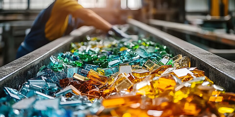 Glass recycling workshop: sorting broken glass by color while maintaining safety protocols