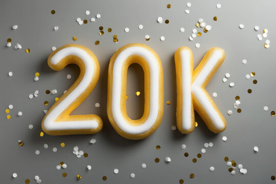 20k followers celebration. Social media achievement poster. 20k followers thank you lettering. Golden and white confetti. Gratitude text on grey background. AI generated